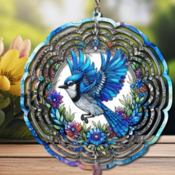 None Other - 8 Inch Blue and Silver Bird Wind Spinner
